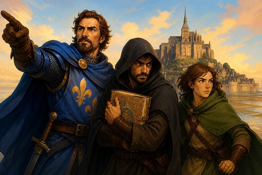 A medieval scene with a castle in the background, a man pointing, and two individuals holding a book. 3