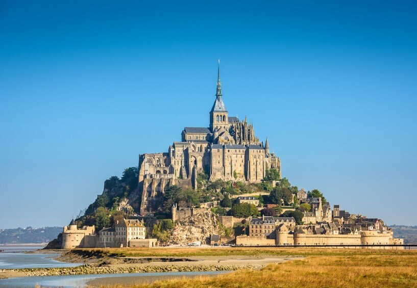 A historic castle on a hill with a prominent church spire, surrounded by a fortified wall and a river. 4