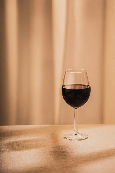 A glass of red wine on a textured surface with a neutral-toned curtain in the background. 3