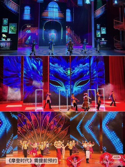 A stage with performers in period costumes, a large illuminated backdrop, and a staircase with decorative railings. 1