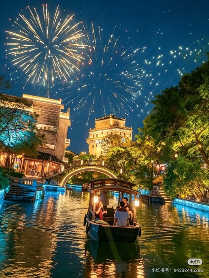 A nighttime scene with a boat on a river, fireworks in the sky, and illuminated buildings. 3