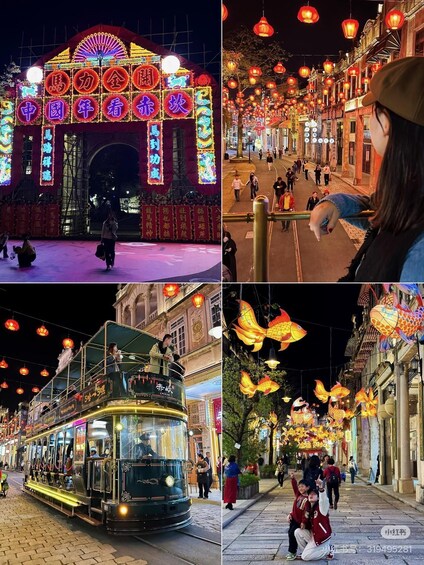 A brightly lit entrance with illuminated signs, a street with hanging lanterns, a double-decker tram, and people walking. 5