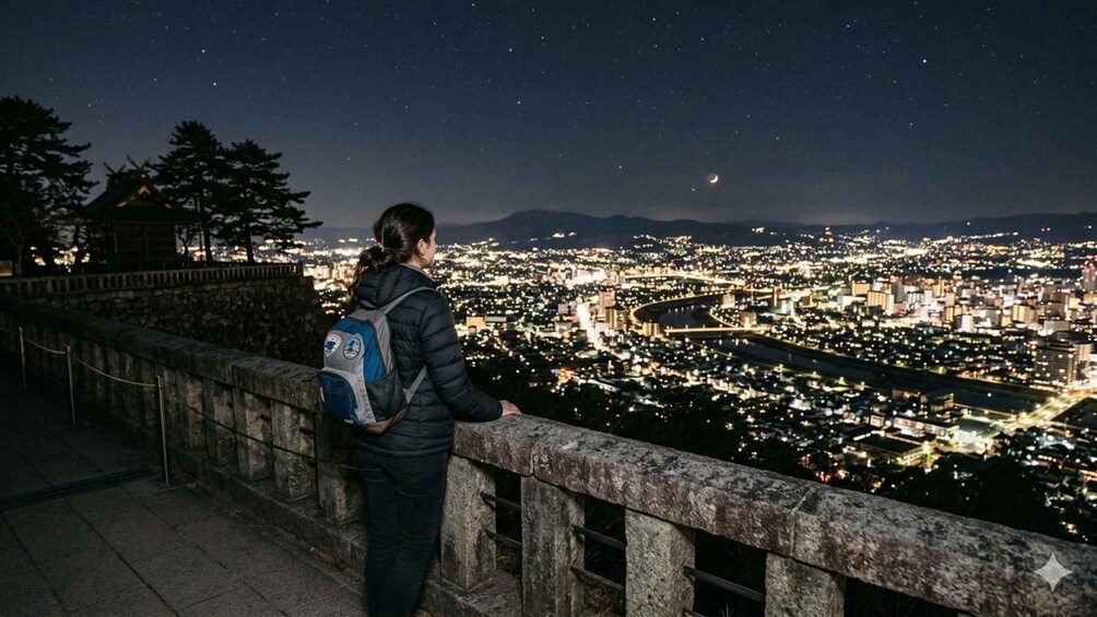 A person with a backpack overlooking a city at night. 2