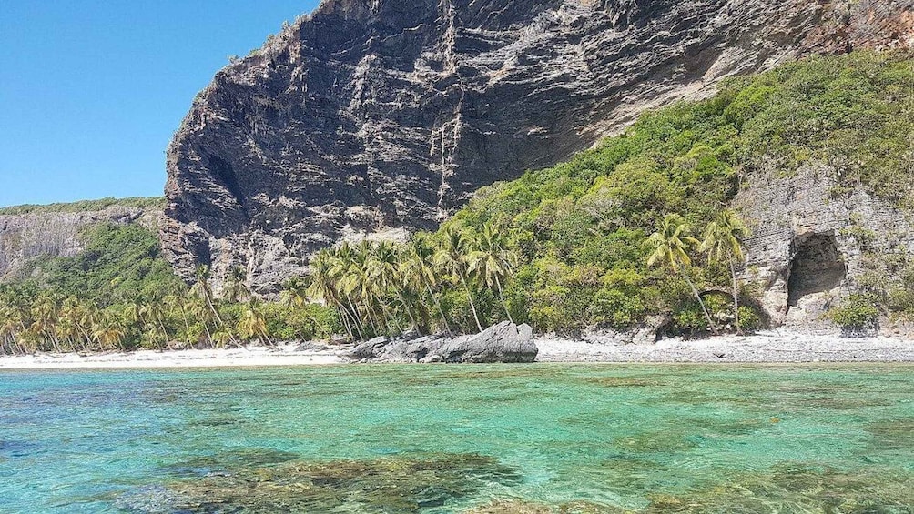 Un paisaje costero con aguas turquesas cristalinas, una playa de arena y un acantilado rocoso con vegetación densa. 2