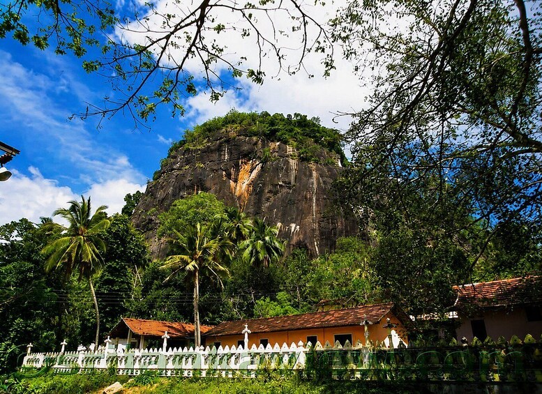 A mountain with a waterfall, surrounded by lush greenery and traditional buildings. 3