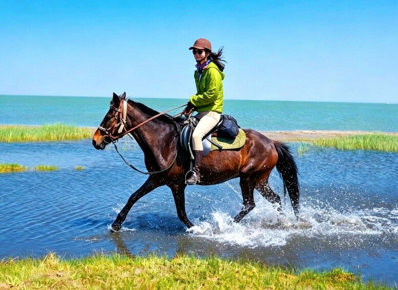 A person riding a horse through shallow water near a body of water. 1