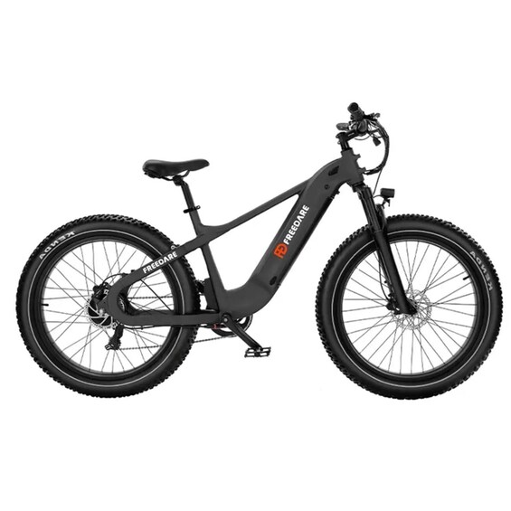 A black electric bicycle with the brand FREEDAIRE, featuring a step-through frame, disc brakes, and a rear rack. 4
