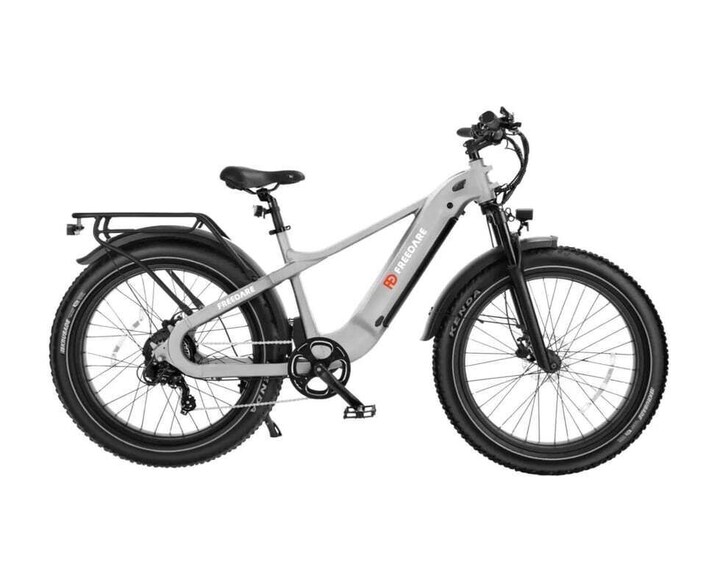 A white electric bicycle with a front basket and black tires. 5