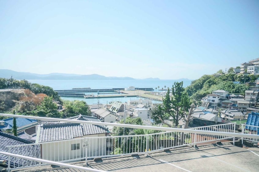 A coastal town with residential buildings, a clear sky, and a view of the sea. 4