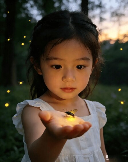 A child holding a fly with a forest background. 1