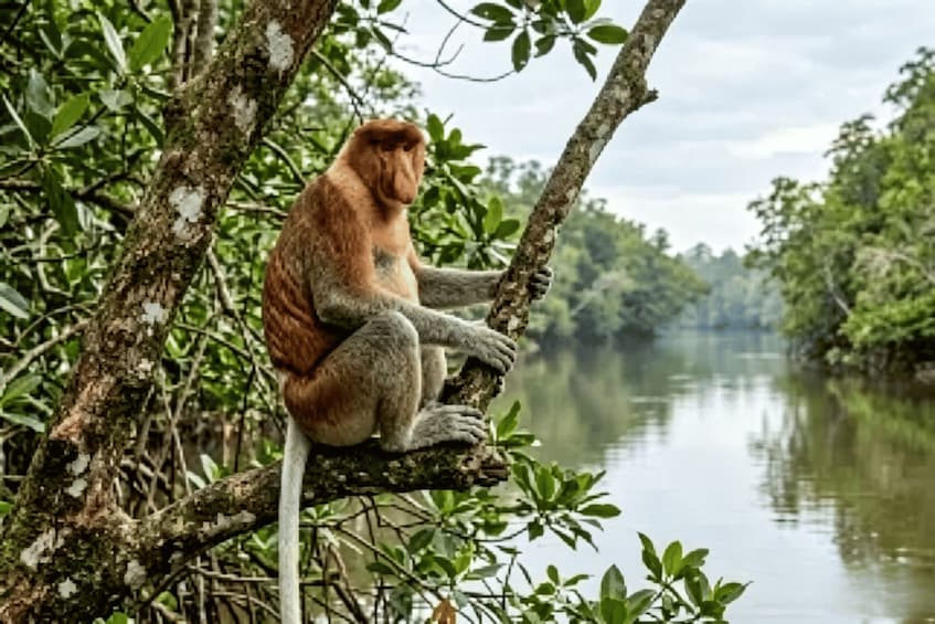 A monkey sitting on a tree branch by a calm river surrounded by dense greenery. 2