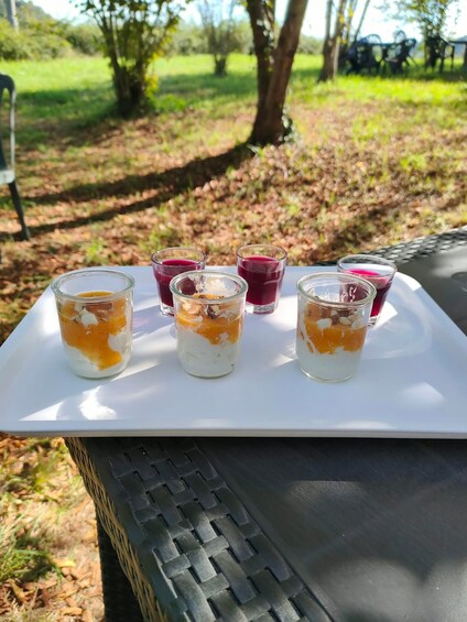 A white tray with four glass cups containing layered desserts on an outdoor table. 4