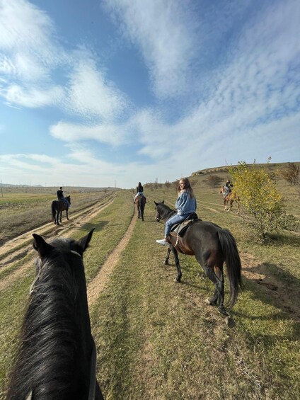 A group of people riding horses on a dirt path in a grassy field with a clear sky. 3