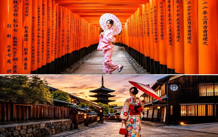 En traditionell japansk gångväg med orangefärgade torii-portar och en person i kimono. 2