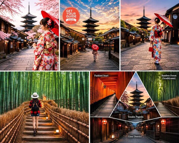 En person i traditionell japansk klädnad som promenerar genom en bambuskog och ett historiskt område med pagoder. 4