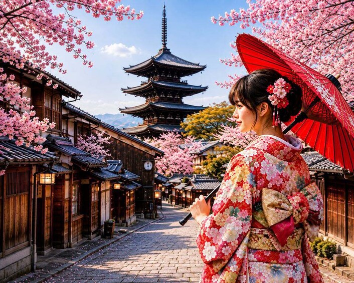 En traditionell japansk gata med blommande körsbärsträd, ett pagodtorn och en person i kimono som håller i en fläkt. 1