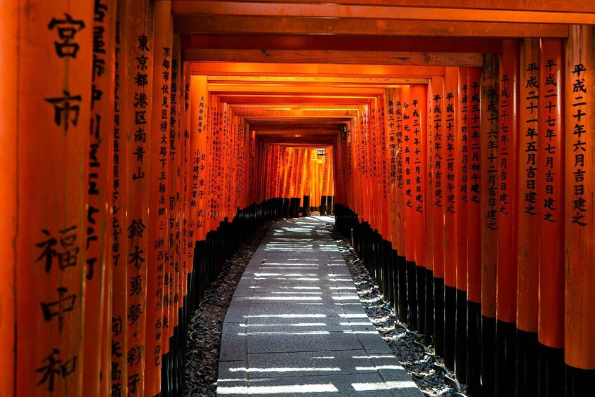 En korridor som kantas av orangefärgade torii-portar och japansk kalligrafi. 5
