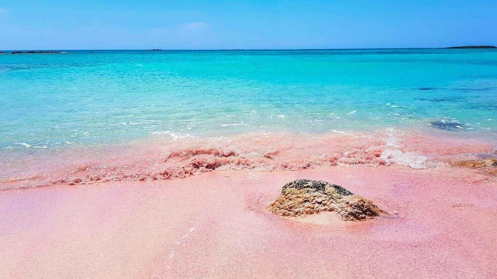 A beach with pink sand and clear turquoise water. 4