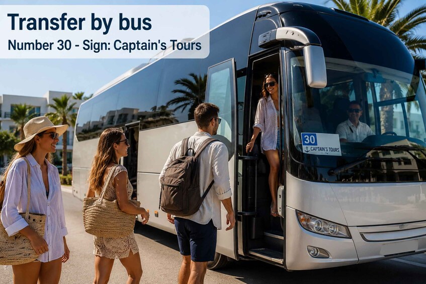 A group of people boarding a bus with a sign indicating 'Captain's Tours' and the number 30. 2