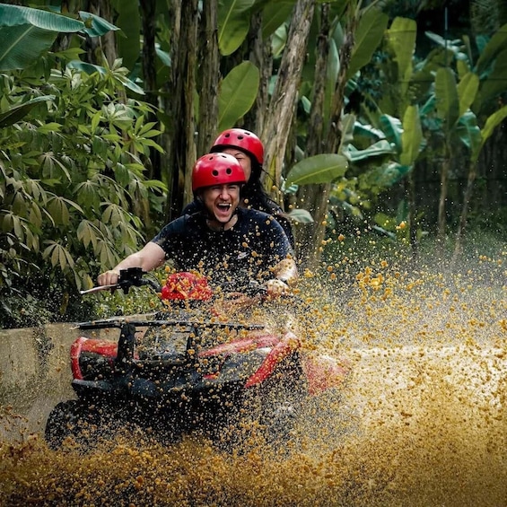 A person in a red helmet driving a red ATV through a forest, kicking up dust. 1