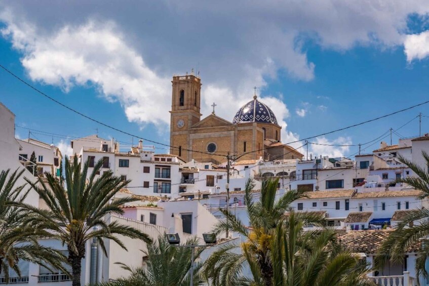 A coastal town with white buildings, a church with a dome, and palm trees. 5
