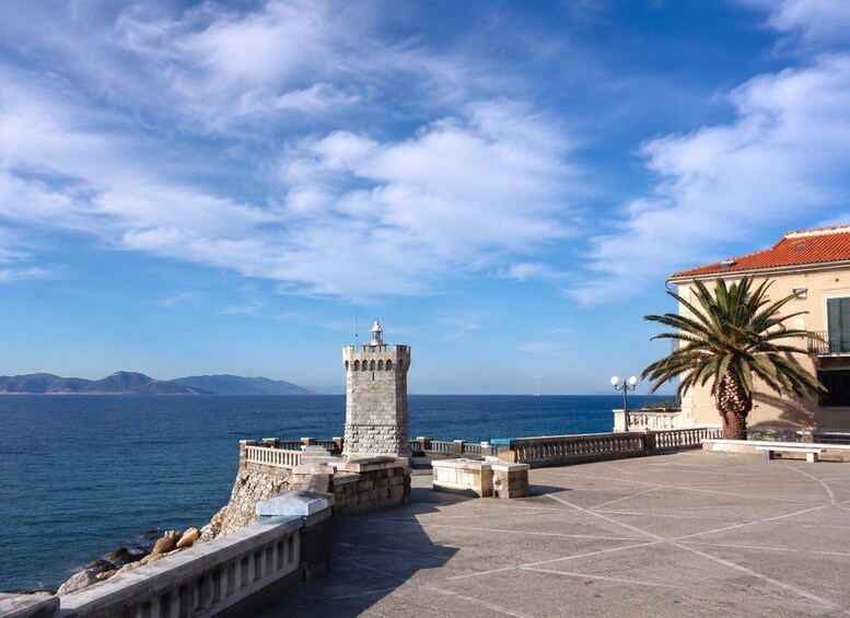 A coastal scene with a stone tower, a palm tree, and a building with a red roof. 5