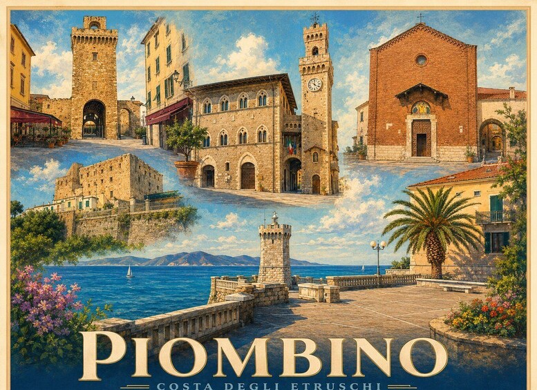 A coastal town with historic architecture, including a church with a clock tower, a stone bridge, and a waterfront promenade. 1