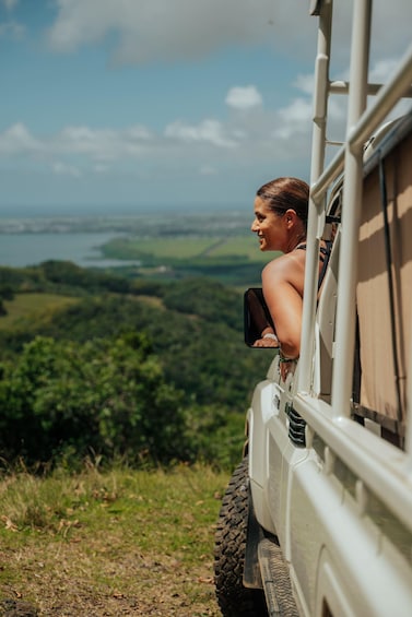 A vehicle with a person inside, overlooking a landscape with greenery and a body of water. 4
