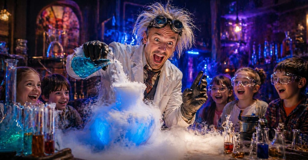 A person in a lab coat pouring a blue liquid into a beaker, surrounded by children and various lab equipment. 1