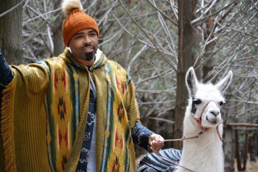 A person in traditional attire with a llama. 1
