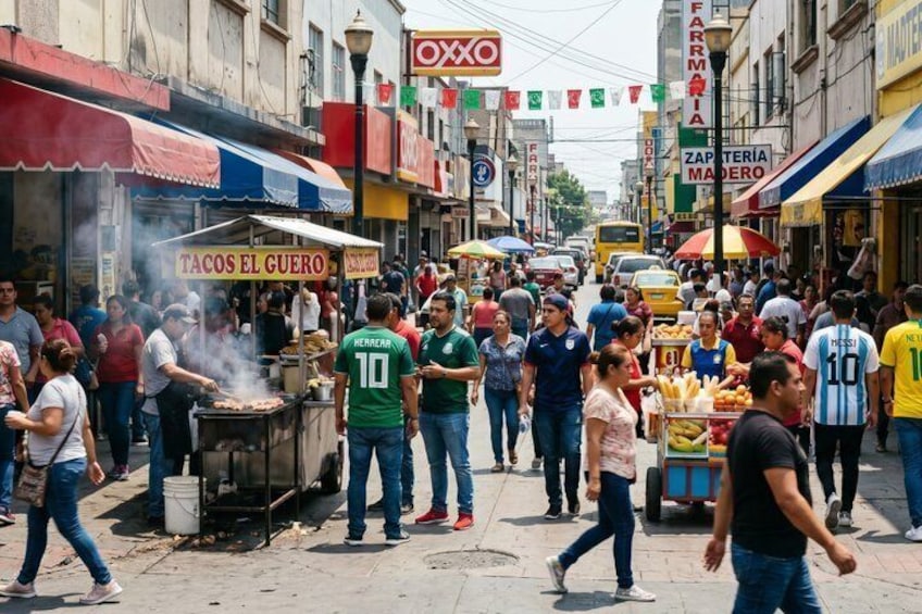 A busy street with food vendors, pedestrians, and various storefronts. 3