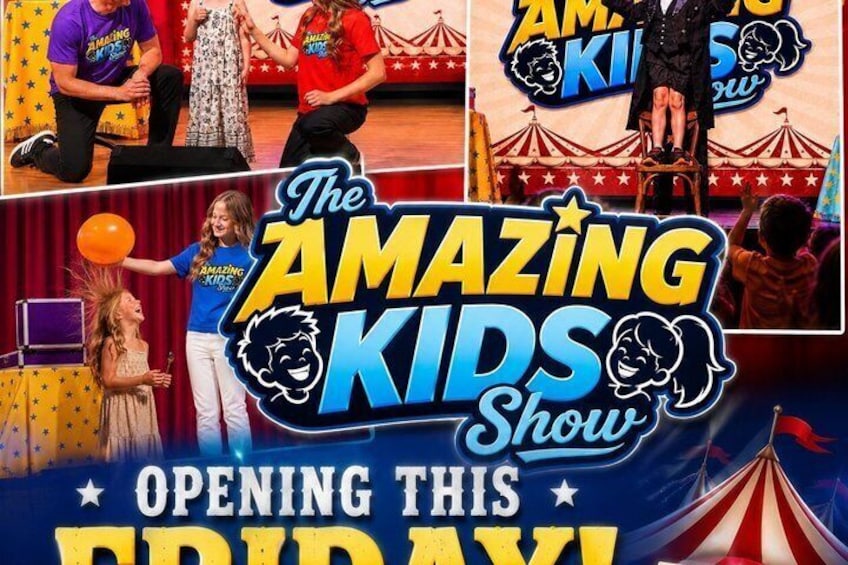 A promotional poster for 'The Amazing Kids Show' with circus-themed graphics and text. 4