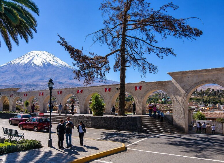 A plaza with a snow-capped mountain in the background, a large tree, and a stone archway with flags. 5