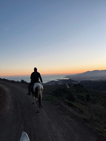 A person riding a horse on a dirt road with a cityscape in the background. 1