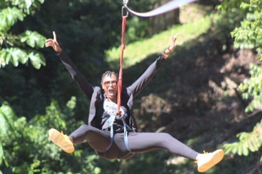 A person suspended in mid-air on a zip line, surrounded by greenery. 1