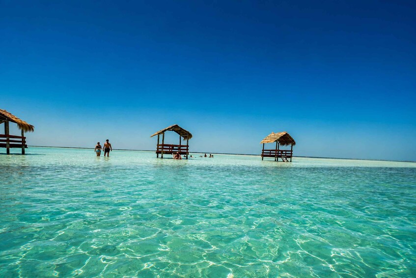Overwater bungalows on a clear blue day. 5