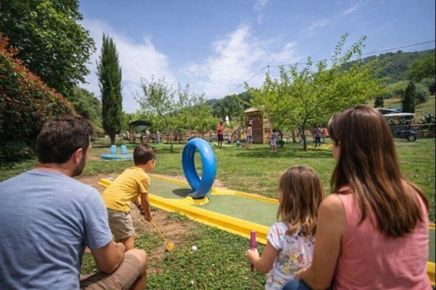 A family playing golf in a park with a putting green and a blue ring obstacle. 5