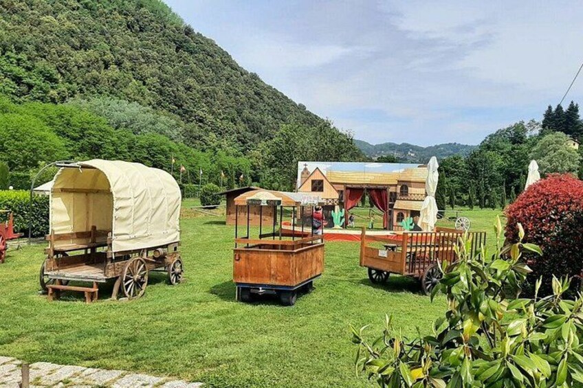 Vintage covered wagons in a grassy field with a house and mountains in the background. 5