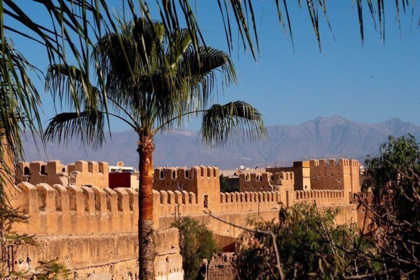 A fortified wall with palm trees in the foreground and mountains in the background. 1