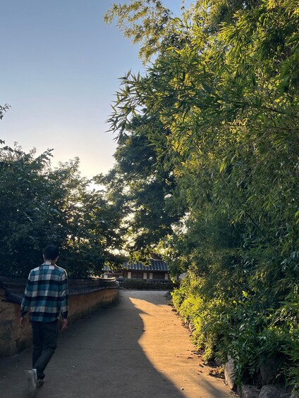 A person walking on a paved path surrounded by dense bamboo foliage and traditional architecture. 2