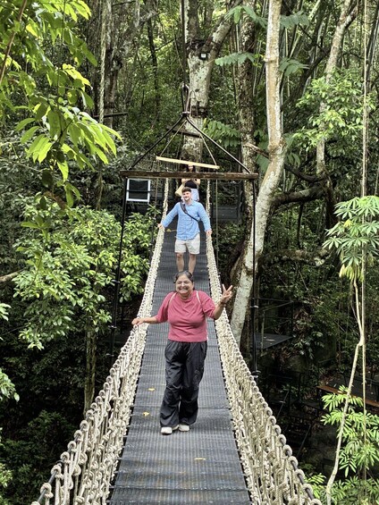 A person on a rope bridge in a forest. 5