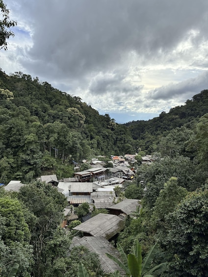 A village nestled in a valley surrounded by dense forest, with traditional houses and a mountainous backdrop. 1