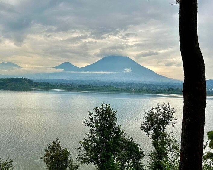 A calm lake with a mountain in the background. 2