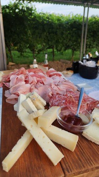 A charcuterie board with various meats and cheeses, outdoors with a vineyard in the background. 2