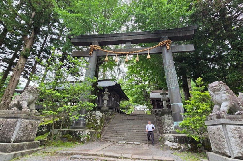 A traditional Japanese torii gate leading to a shrine, surrounded by lush greenery and stone lion statues. 4