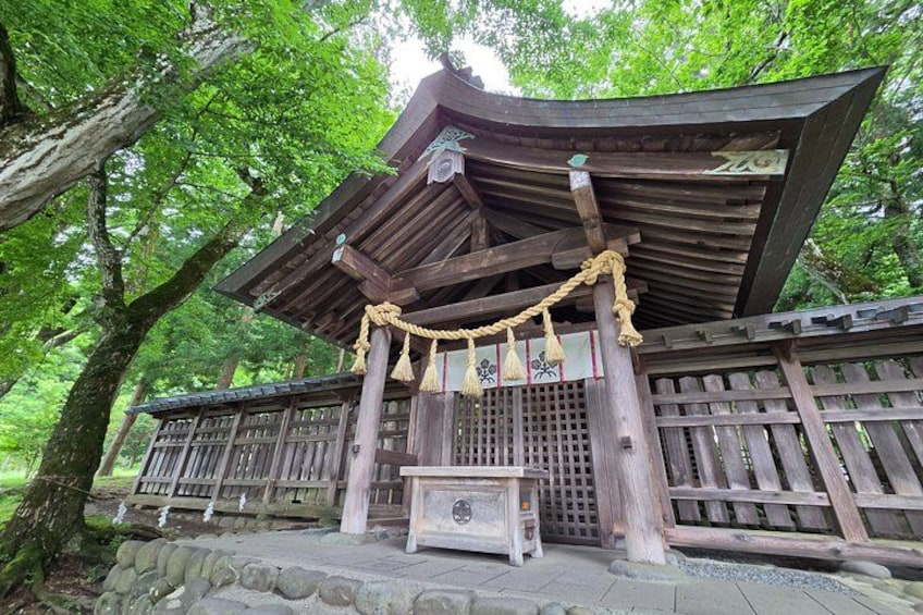 A traditional Japanese wooden structure with a curved roof, surrounded by lush greenery and stone steps. 1