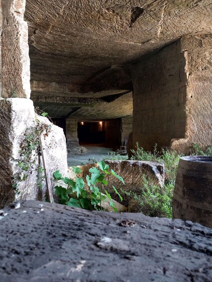 An ancient stone structure with overhangs and a small illuminated room. 5