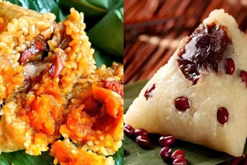 A dish with rice and vegetables, and another dish with a white base and red seeds. 3