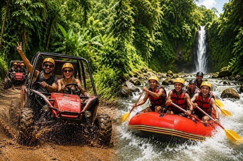 A group rafting down a river surrounded by lush greenery and a waterfall. 1