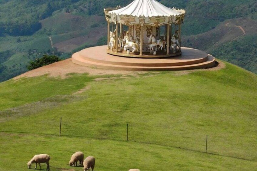 A carousel on a hilltop with sheep grazing below. 4